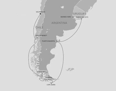 route of 14 day cruise from Chile to Argentina