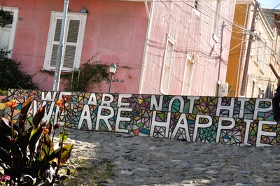 The famous 'We are not hippies, we are happies' sign